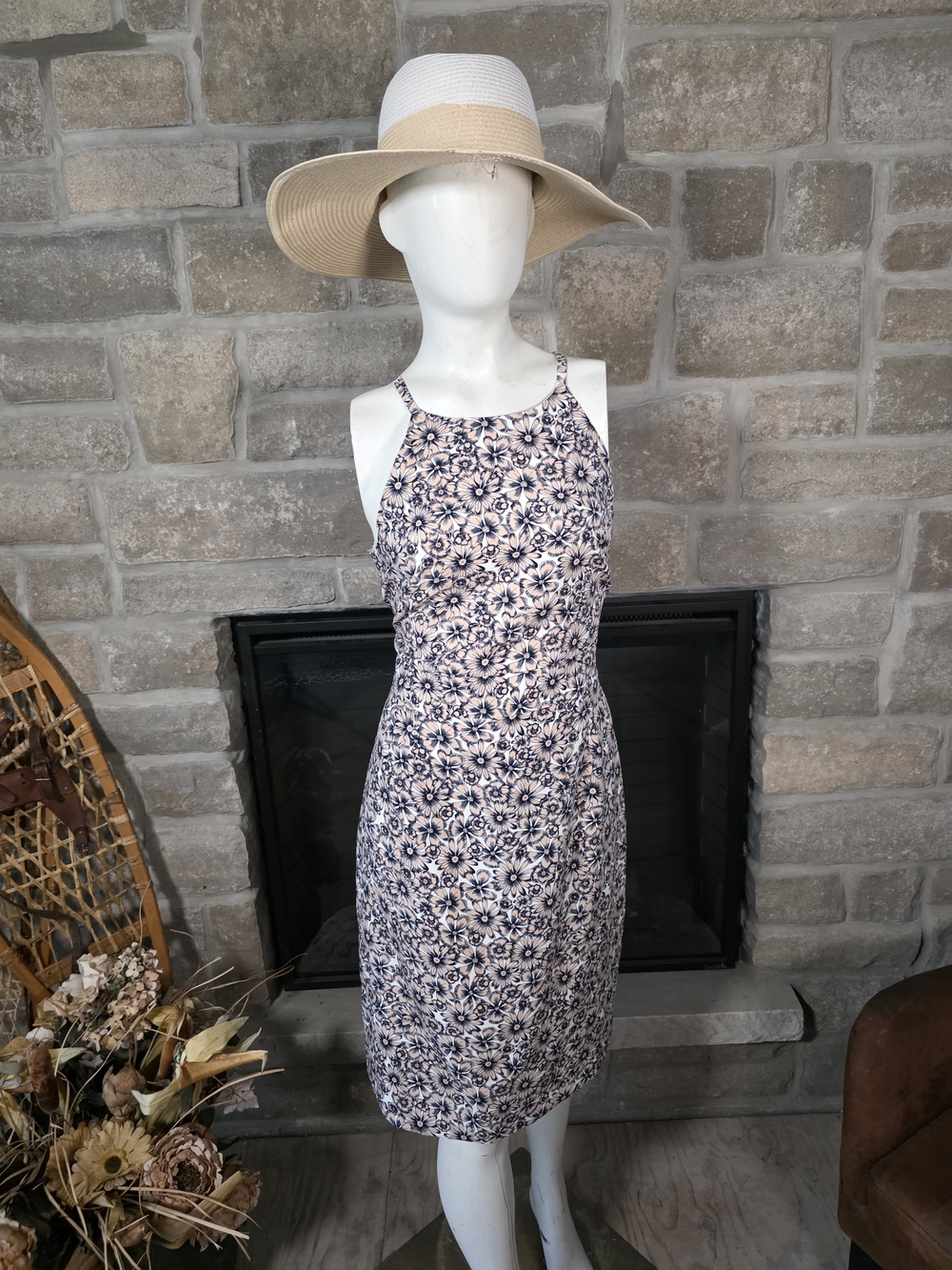 Banana Republic Navy and Cream Floral Halter Midi Dress
